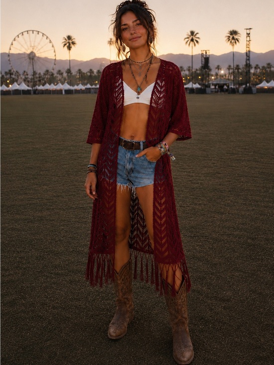 H&M Other - H&M Coachella Red Crochet Fringe Kimono